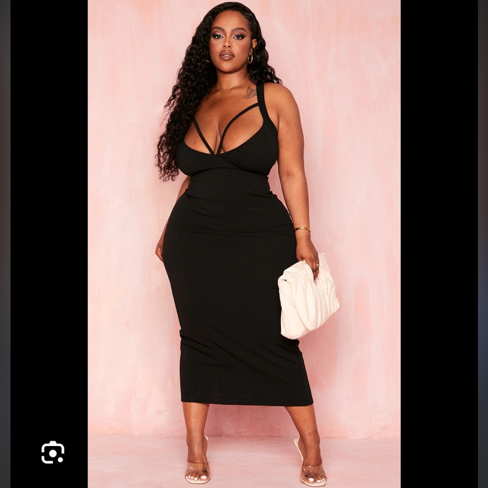 PrettyLittleThing Black Midi Dress with Strap Accents